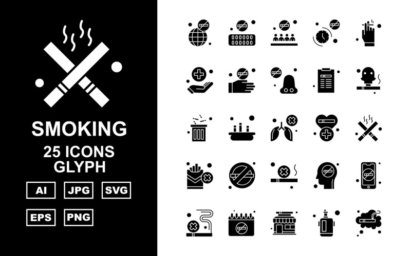Download Набор иконок "25 Premium Smoking Glyph Pack Icon Set" / 25 Premium Smoking Glyph Pack Icon Set - Набор иконок на тему medical earth,smoking,man,mobile,cigarette,calendar,shop,lighter,tablet,forbidden,clock,hand,nose,document,recycle,cancer,heart,icon,icons
