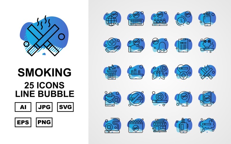 Download Набор иконок "25 Premium Smoking Line Bubble Icon Set" / 25 Premium Smoking Line Bubble Icon Set - Набор иконок на тему medical earth,smoking,man,mobile,cigarette,calendar,shop,lighter,tablet,forbidden,clock,hand,nose,document,recycle,cancer,heart,icon,icons