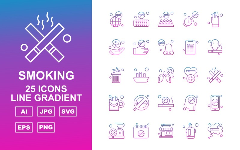 Download Набор иконок "25 Premium Smoking Line Gradient Pack Icon Set" / 25 Premium Smoking Line Gradient Pack Icon Set - Набор иконок на тему medical earth,smoking,man,mobile,cigarette,calendar,shop,lighter,tablet,forbidden,clock,hand,nose,document,recycle,cancer,heart,icon,icons