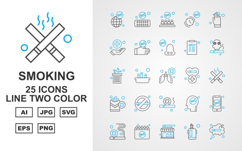 Download Набор иконок "25 Premium Smoking Line Two Color Pack Icon Set" / 25 Premium Smoking Line Two Color Pack Icon Set - Набор иконок на тему medical earth,smoking,man,mobile,cigarette,calendar,shop,lighter,tablet,forbidden,clock,hand,nose,document,recycle,cancer,heart,icon,icons