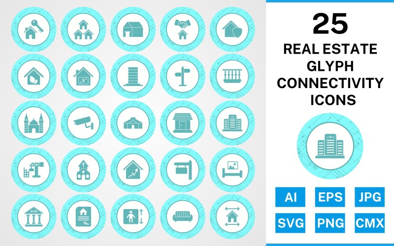 Download Набор иконок "25 Real Estate Glyph Connectivity Icon Set" / 25 Real Estate Glyph Connectivity Icon Set - Набор иконок на тему city set,file,icon,icons,glyph,vector,sign,symbol,pictogram,connectivity,real estate,mosque,church,balcony,mansion,eco house,lift,yurt,bank