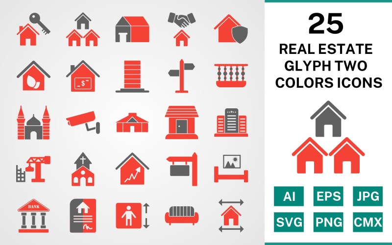 Download Набор иконок "25 Real Estate Glyph Two Colors Icon Set" / 25 Real Estate Glyph Two Colors Icon Set - Набор иконок на тему city set,file,icon,icons,glyph,vector,sign,symbol,pictogram,two colors,real estate,mosque,church,balcony,mansion,eco house,lift,yurt,bank