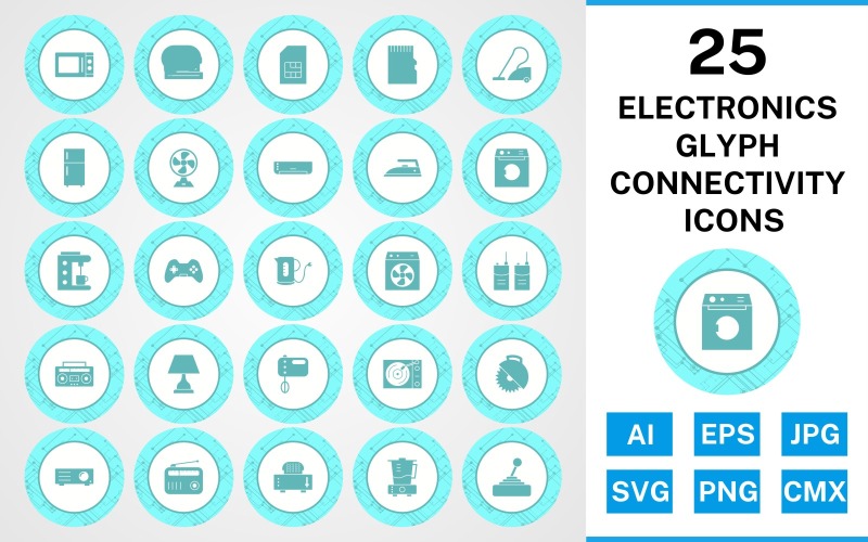 Sada ikon pro připojení glyfů k 25 elektronickým zařízením