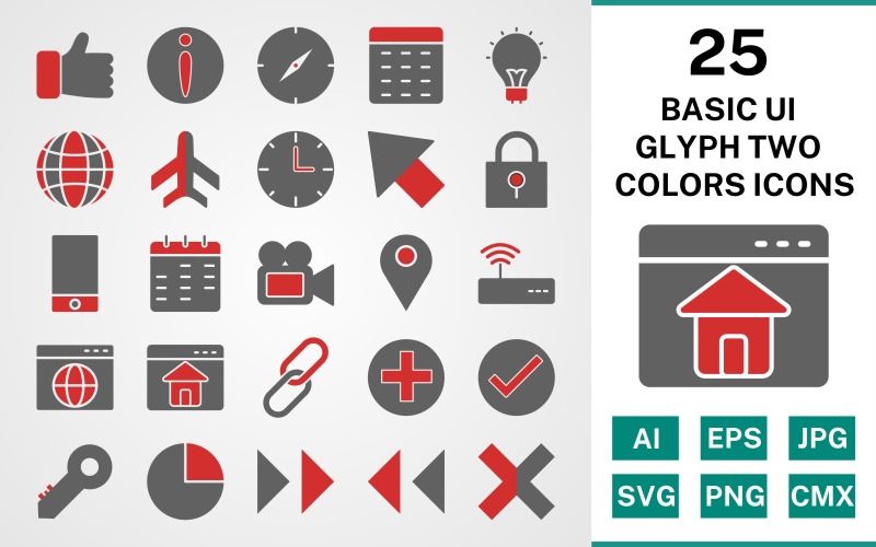 25 Temel Kullanıcı Arayüzü Glifi İki Renk Simge Seti