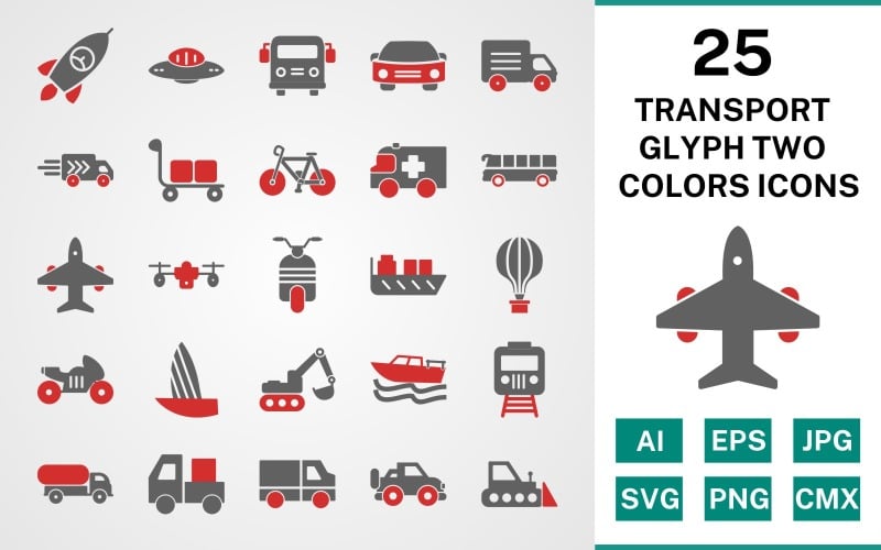 25 Transport Glyph Two Colors Icon Set