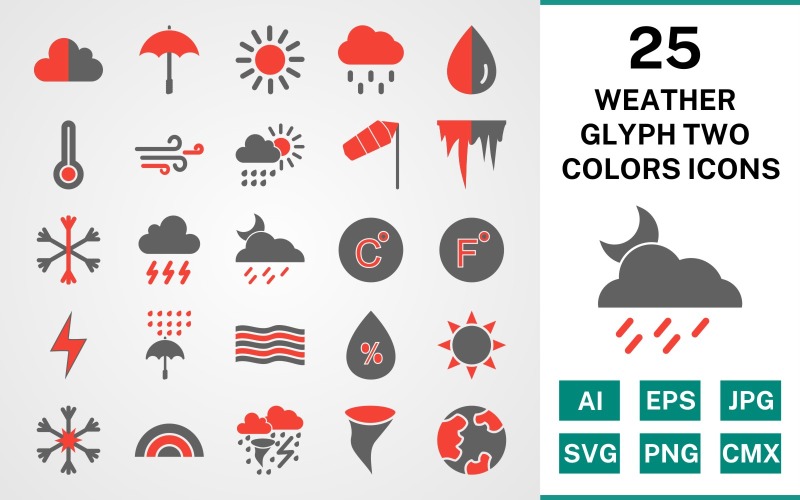 Download Набор иконок "25 Weather Glyph Two Colors Icon Set" / 25 Weather Glyph Two Colors Icon Set - Набор иконок на тему weather set,file,icon,icons,glyph,vector,sign,symbol,pictogram,two colors,weather,cloud,rain,sun,tornado,rainbow,windy,rain drop,temparature,snow flake