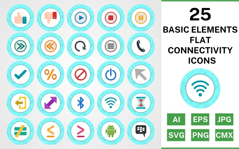 Download Набор иконок "25 Basic Elements Flat Connectivity Icon Set" / 25 Basic Elements Flat Connectivity Icon Set - Набор иконок на тему data set,file,icon,icons,flat,vector,sign,symbol,pictogram,connectivity,basic elements,play,stop,tick,like,cursor,android,blackberry,menu