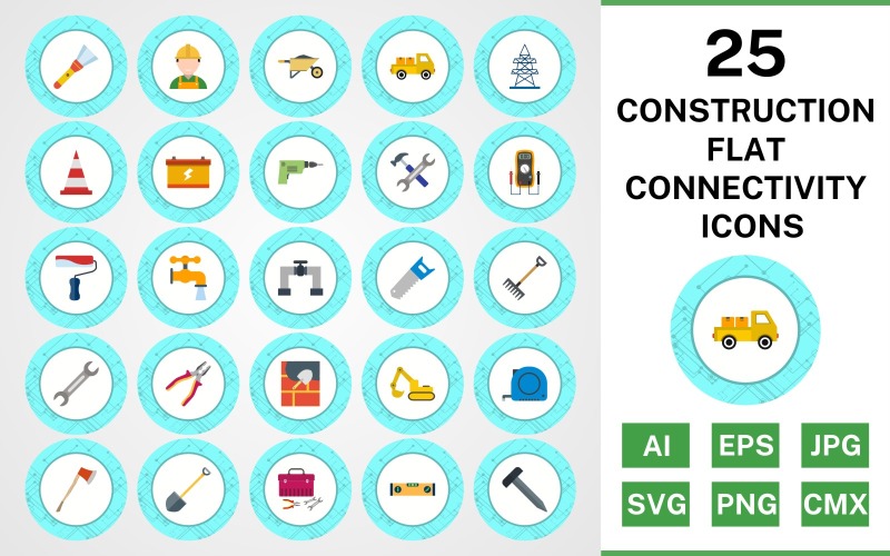 Download Набор иконок "25 Construction Flat Connectivity Icon Set" / 25 Construction Flat Connectivity Icon Set - Набор иконок на тему industrial set,file,icon,icons,flat,vector,sign,symbol,pictogram,connectivity,construction,engineer,loader,tools,tool box,drill,paint roller,pipe,saw