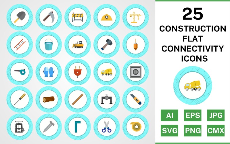 Download Набор иконок "25 Construction Flat Connectivity Icon Set" / 25 Construction Flat Connectivity Icon Set - Набор иконок на тему industrial set,file,icon,icons,flat,vector,sign,symbol,pictogram,connectivity,construction,trowel,ladder,bucket,vise,ruler,helmet,hammer,bulldozer