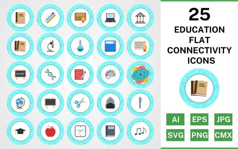 Download Набор иконок "25 Education Flat Connectivity Icon Set" / 25 Education Flat Connectivity Icon Set - Набор иконок на тему science set,file,icon,icons,flat,vector,sign,symbol,pictogram,connectivity,education,books,bagpack,notebook,flask,microscope,notes,markers,calculator,book