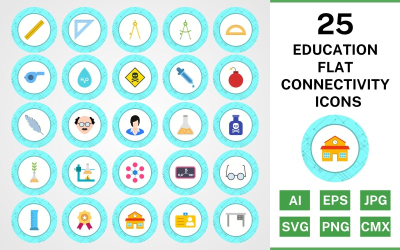 Download Набор иконок "25 Education Flat Connectivity Icon Set" / 25 Education Flat Connectivity Icon Set - Набор иконок на тему science set,file,icon,icons,flat,vector,sign,symbol,pictogram,connectivity,education,toxic,scale,school,award,chemicals,beaker,divider,compass