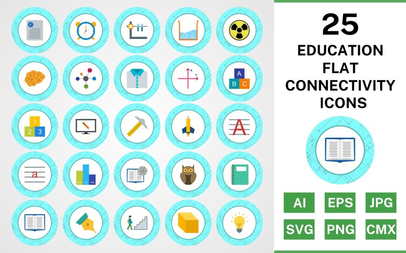 Download Набор иконок "25 Education Flat Connectivity Icon Set" / 25 Education Flat Connectivity Icon Set - Набор иконок на тему science set,file,icon,icons,flat,vector,sign,symbol,pictogram,connectivity,education,brain,cube,book dvd,open book,electron,alarm,notepad,radiation