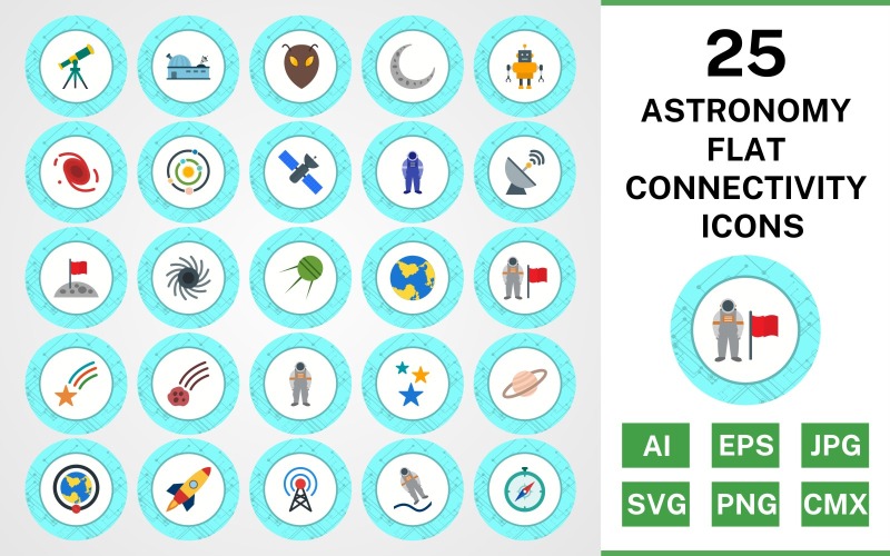 25 Astronomi Flat Connectivity Ikonuppsättning