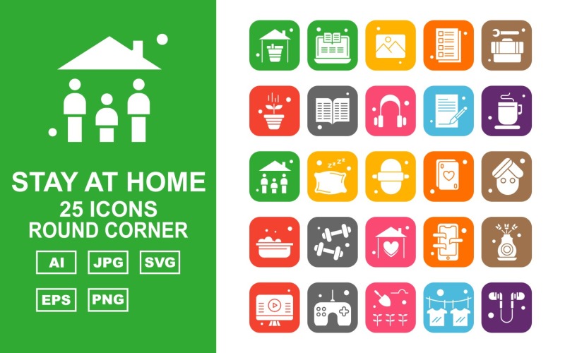 25 Ensemble d'icônes Premium Stay At Home Round Corner Pack