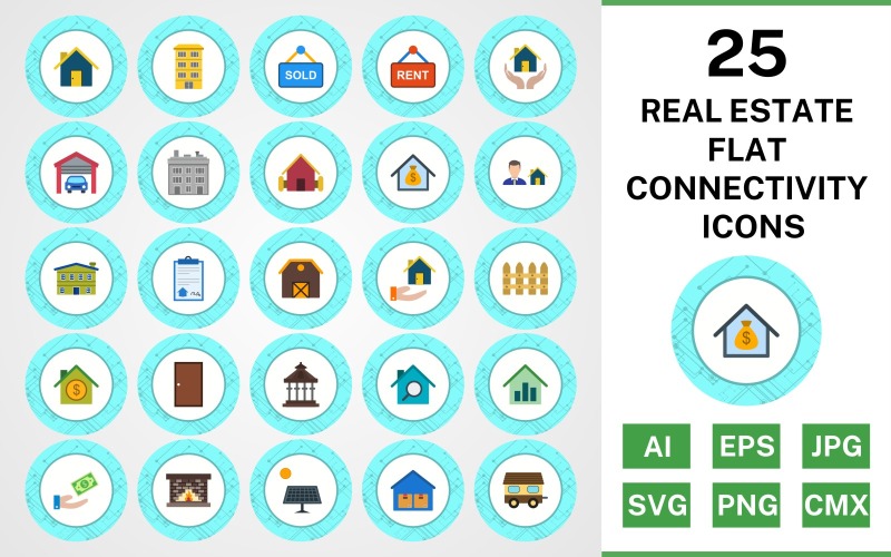 25 Fastigheter Flat Connectivity Ikonuppsättning
