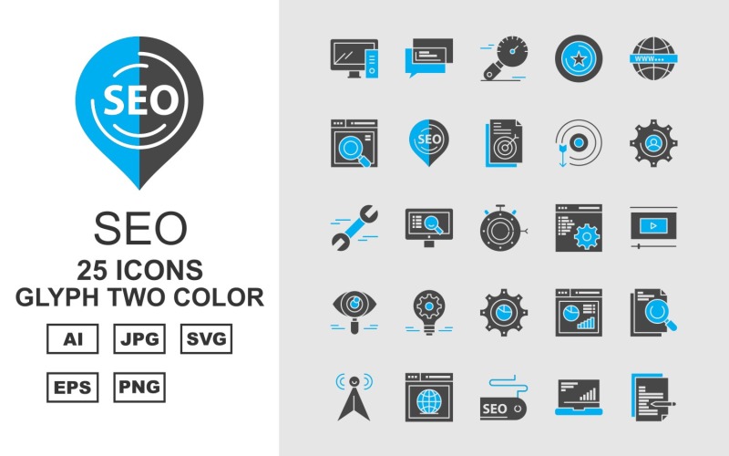 25 Premium SEO III Glyphe Zwei-Farben-Pack Icon Set