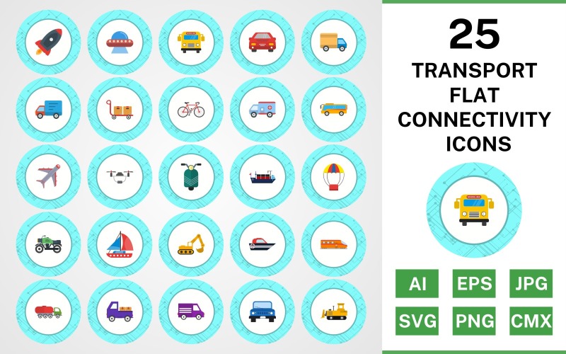 25 Transport Flat Connectivity Ikonuppsättning