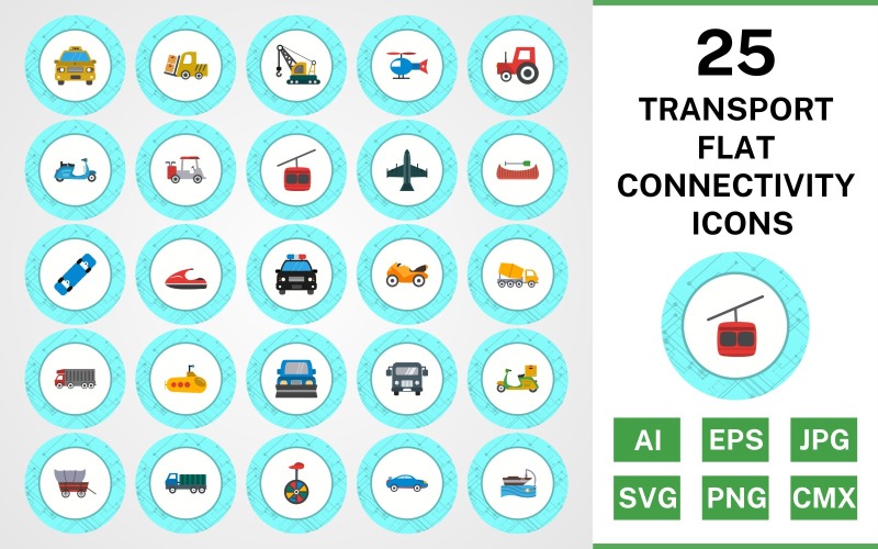 25 Транспорт плоских підключення Icon Set