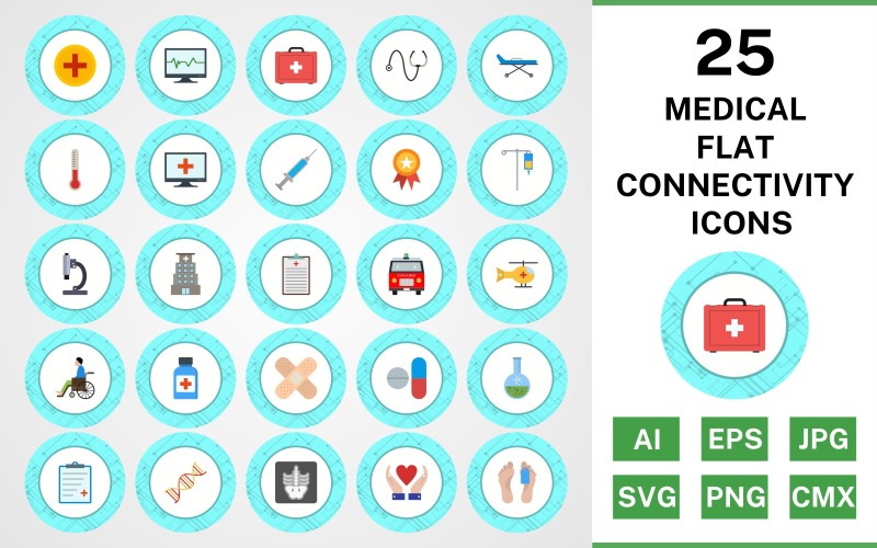 Download Набор иконок "25 Medical Flat Connectivity Icon Set" / 25 Medical Flat Connectivity Icon Set - Набор иконок на тему medical set,file,icon,icons,flat,vector,sign,symbol,pictogram,connectivity,medical,drip,xray,dna,report,toe tag,medicines,hospital,injection,ambulance