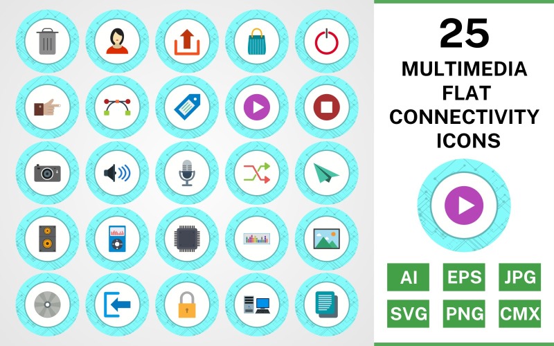 Download Набор иконок "25 Multimedia Flat Connectivity Icon Set" / 25 Multimedia Flat Connectivity Icon Set - Набор иконок на тему data set,file,icon,icons,flat,vector,sign,symbol,pictogram,connectivity,multimedia,logout,copy,shuffle,play,stop,upload,speaker,sign in