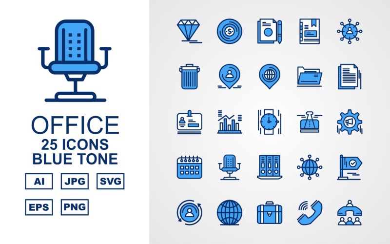 Download Набор иконок "25 Premium Office III Blue Tone Pack Icon Set" / 25 Premium Office III Blue Tone Pack Icon Set - Набор иконок на тему финансы diamond,statistics,network,flag,user,earth,suitcase,call,office meeting,money,document,book,group,trash,location,folder,hand watch,icon,icons