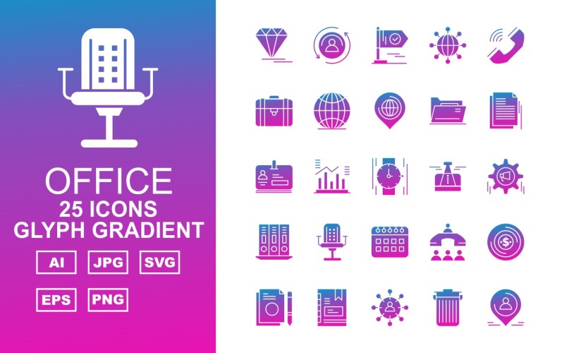 Download Набор иконок "25 Premium Office III Glyph Gradient Pack Icon Set" / 25 Premium Office III Glyph Gradient Pack Icon Set - Набор иконок на тему финансы diamond,statistics,network,flag,user,earth,suitcase,call,office meeting,money,document,book,group,trash,location,folder,hand watch,icon,icons