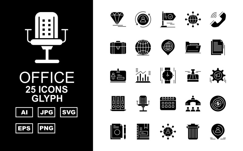 Download Набор иконок "25 Premium Office III Glyph Pack Icon Set" / 25 Premium Office III Glyph Pack Icon Set - Набор иконок на тему финансы diamond,statistics,network,flag,user,earth,suitcase,call,office meeting,money,document,book,group,trash,location,folder,hand watch,icon,icons