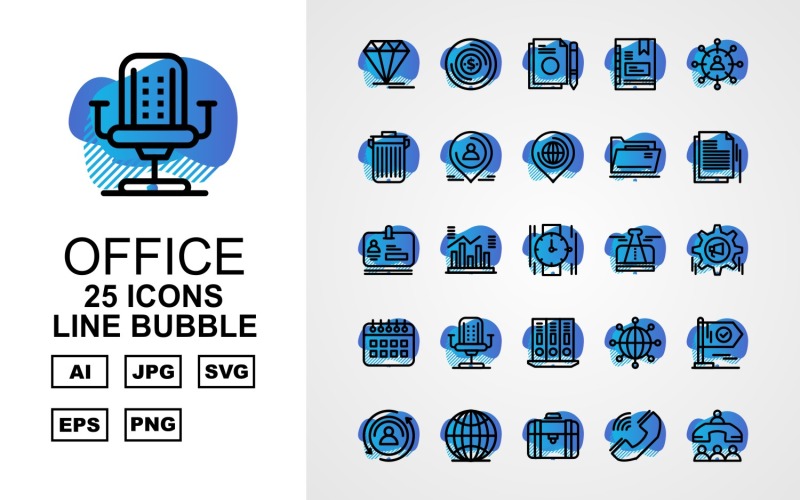 Download Набор иконок "25 Premium Office III Line Bubble Pack Icon Set" / 25 Premium Office III Line Bubble Pack Icon Set - Набор иконок на тему финансы diamond,statistics,network,flag,user,earth,suitcase,call,office meeting,money,document,book,group,trash,location,folder,hand watch,icon,icons