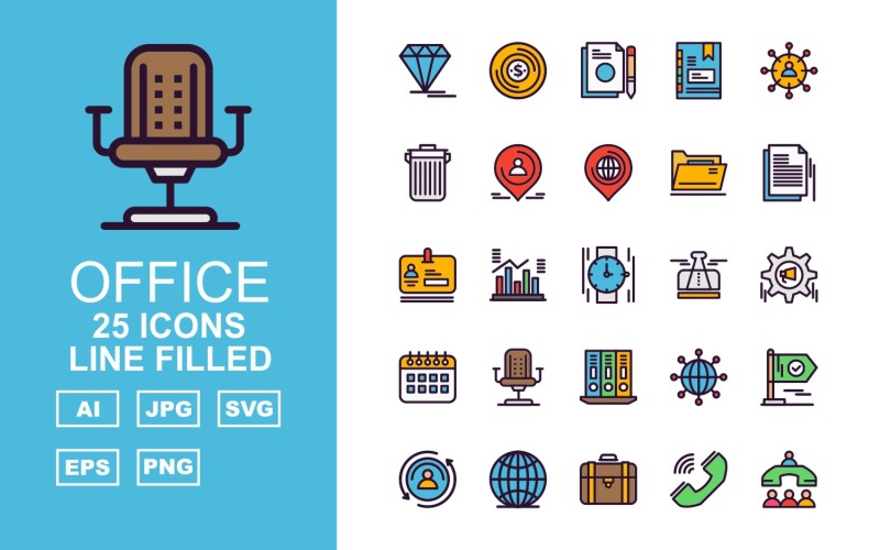 Download Набор иконок "25 Premium Office III Line Filled Pack Icon Set" / 25 Premium Office III Line Filled Pack Icon Set - Набор иконок на тему финансы diamond,statistics,network,flag,user,earth,suitcase,call,office meeting,money,document,book,group,trash,location,folder,hand watch,icon,icons