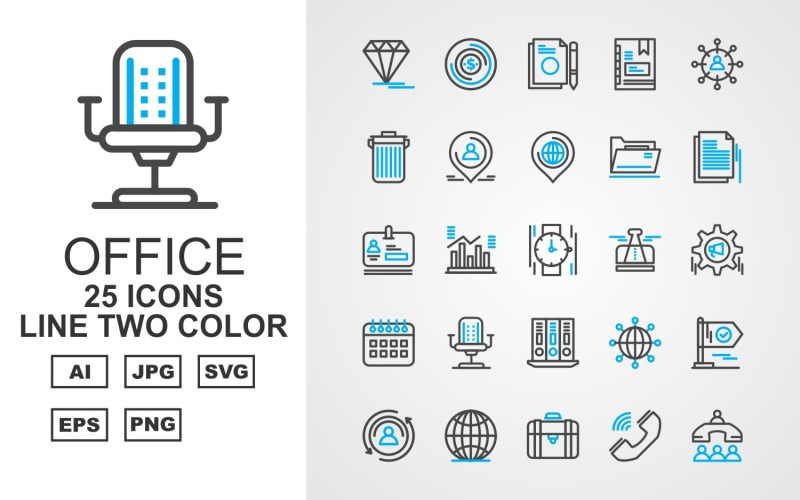 Download Набор иконок "25 Premium Office III Line Two Color Pack Icon Set" / 25 Premium Office III Line Two Color Pack Icon Set - Набор иконок на тему финансы diamond,statistics,network,flag,user,earth,suitcase,call,office meeting,money,document,book,group,trash,location,folder,hand watch,icon,icons