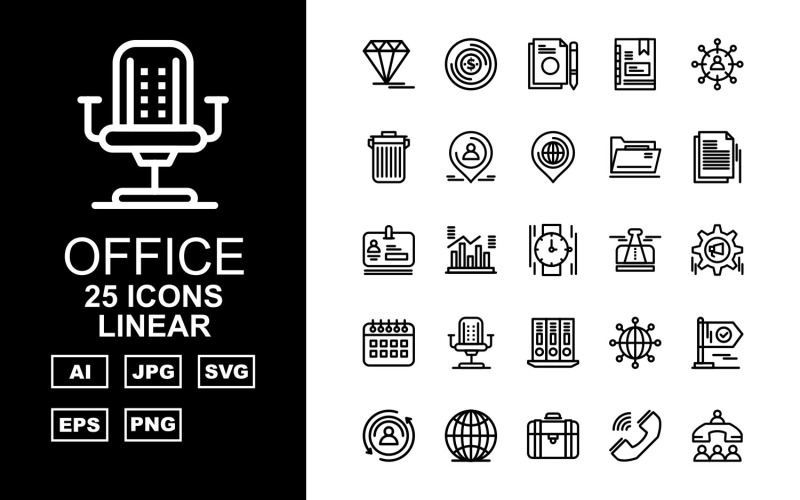Download Набор иконок "25 Premium Office III Linear Pack Icon Set" / 25 Premium Office III Linear Pack Icon Set - Набор иконок на тему финансы diamond,statistics,network,flag,user,earth,suitcase,call,office meeting,money,document,book,group,trash,location,folder,hand watch,icon,icons