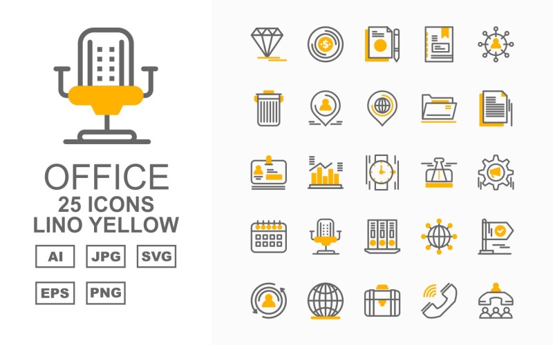 Download Набор иконок "25 Premium Office III Lino Yellow Pack Icon Set" / 25 Premium Office III Lino Yellow Pack Icon Set - Набор иконок на тему финансы diamond,statistics,network,flag,user,earth,suitcase,call,office meeting,money,document,book,group,trash,location,folder,hand watch,icon,icons