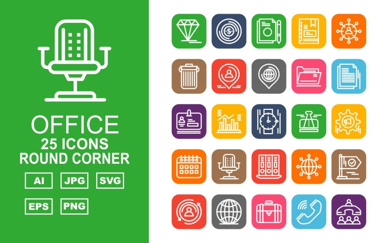 Download Набор иконок "25 Premium Office III Round Corner Pack Icon Set" / 25 Premium Office III Round Corner Pack Icon Set - Набор иконок на тему финансы diamond,statistics,network,flag,user,earth,suitcase,call,office meeting,money,document,book,group,trash,location,folder,hand watch,icon,icons