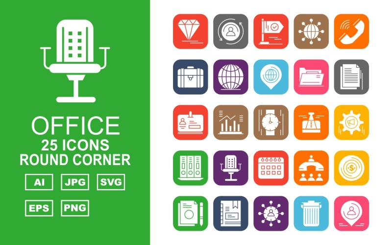 Download Набор иконок "25 Premium Office III Round Corner Pack Icon Set" / 25 Premium Office III Round Corner Pack Icon Set - Набор иконок на тему финансы diamond,statistics,network,flag,user,earth,suitcase,call,office meeting,money,document,book,group,trash,location,folder,hand watch,icon,icons