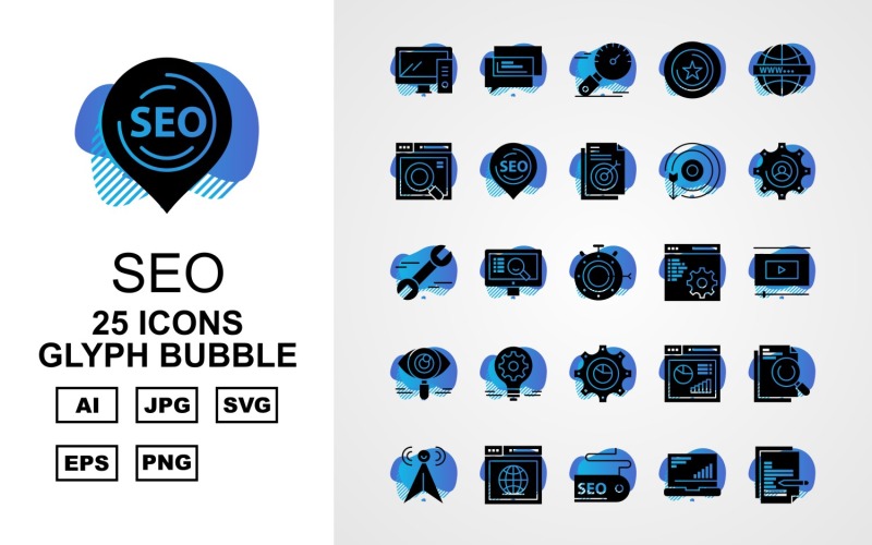 Download Набор иконок "25 Premium SEO III Glyph Bubble Pack Icon Set" / 25 Premium SEO III Glyph Bubble Pack Icon Set - Набор иконок на тему business chat,lcd,document,website,video player,setting,world,star,marketing,stopwatch,target,eye,laptop,chart,icon,bulb,pie,link