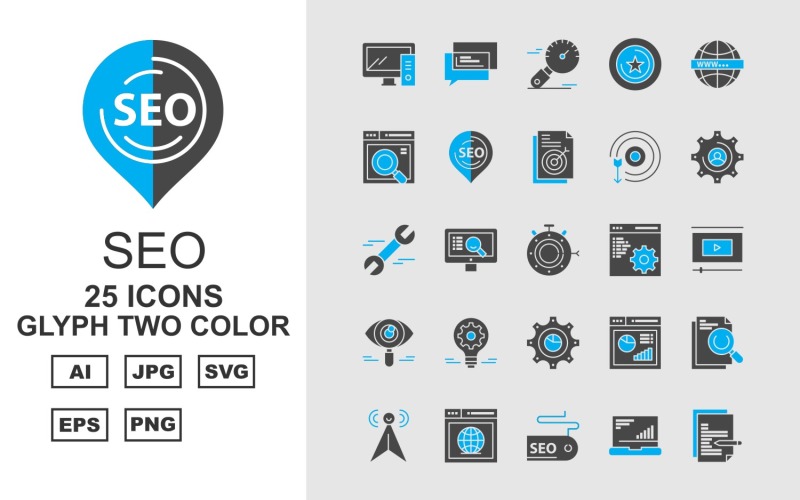 Download Набор иконок "25 Premium SEO III Glyph Two Color Pack Icon Set" / 25 Premium SEO III Glyph Two Color Pack Icon Set - Набор иконок на тему business chat,lcd,document,website,video player,setting,world,star,marketing,stopwatch,target,eye,laptop,chart,icon,bulb,pie,link