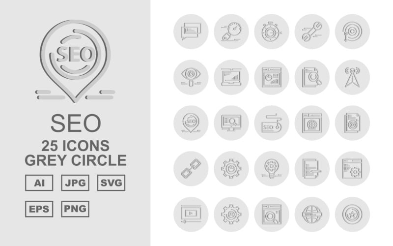 25 Premium SEO III Grey Circle Pack Icon Set