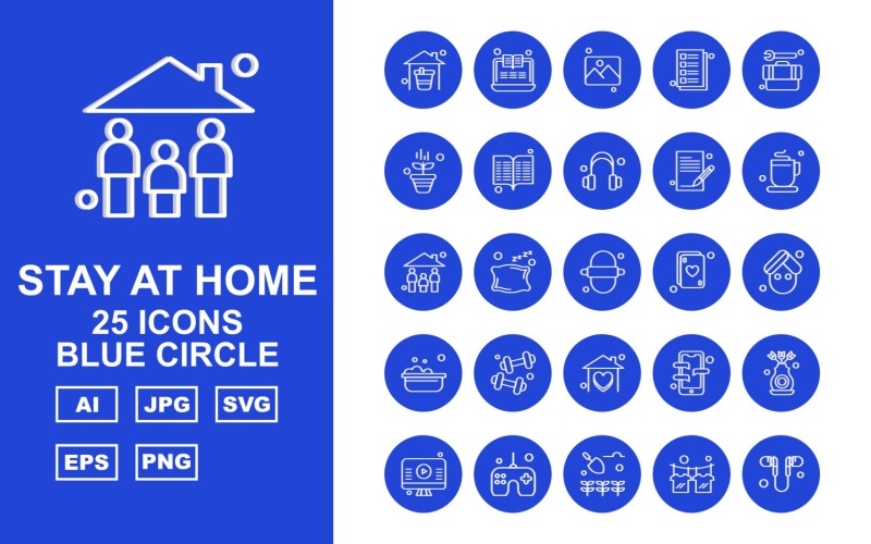 Download Набор иконок "25 Premium Stay At Home Blue Circle Pack Icon Set" / 25 Premium Stay At Home Blue Circle Pack Icon Set - Набор иконок на тему medical home,pillow,mobile,flower,lcd,joystick,agriculture,t shirt,handsfree,laptop,gallery,note,tool box,plant,book,headphone,tea,family,roti,card