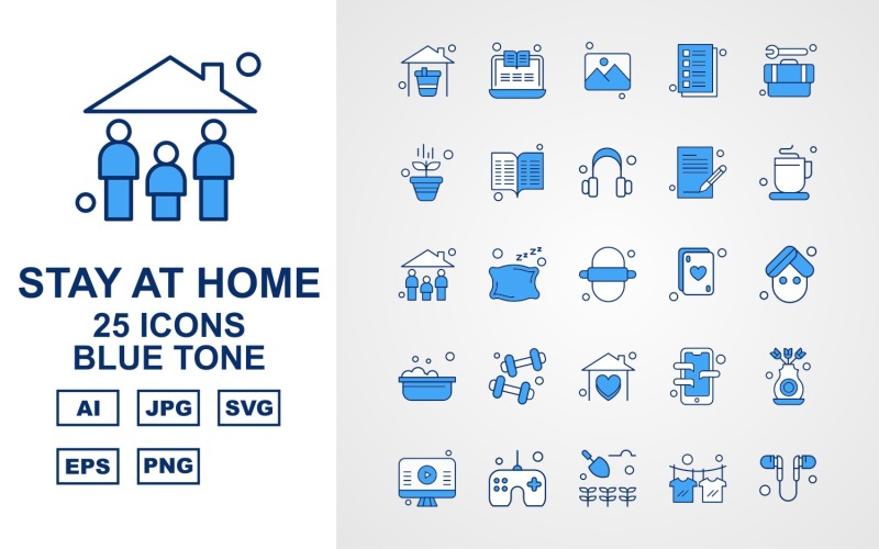 Download Набор иконок "25 Premium Stay At Home Blue Tone Pack Icon Set" / 25 Premium Stay At Home Blue Tone Pack Icon Set - Набор иконок на тему medical home,pillow,mobile,flower,lcd,joystick,agriculture,t shirt,handsfree,laptop,gallery,note,tool box,plant,book,headphone,tea,family,roti,card