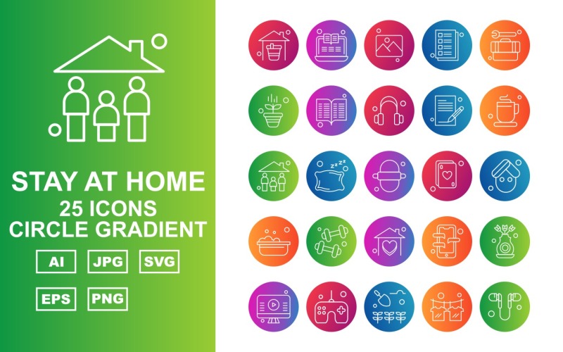 Download Набор иконок "25 Premium Stay At Home Circle Gradient Pack Icon Set" / 25 Premium Stay At Home Circle Gradient Pack Icon Set - Набор иконок на тему medical home,pillow,mobile,flower,lcd,joystick,agriculture,t shirt,handsfree,laptop,gallery,note,tool box,plant,book,headphone,tea,family,roti,card