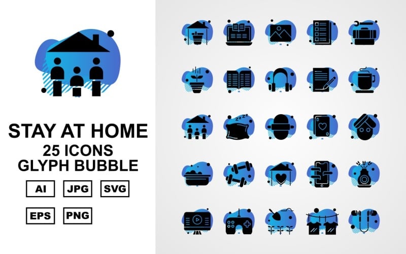 25 Premium Stay At Home Glyph Bubble Pack Icon Set