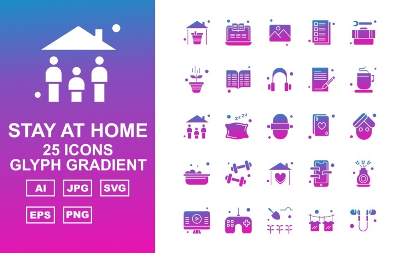 Download Набор иконок "25 Premium Stay At Home Glyph Gradient Pack Icon Set" / 25 Premium Stay At Home Glyph Gradient Pack Icon Set - Набор иконок на тему medical home,pillow,mobile,flower,lcd,joystick,agriculture,t shirt,handsfree,laptop,gallery,note,tool box,plant,book,headphone,tea,family,roti,card