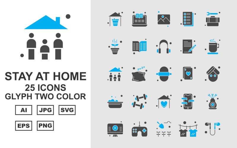 Download Набор иконок "25 Premium Stay At Home Glyph Two Color Pack Icon Set" / 25 Premium Stay At Home Glyph Two Color Pack Icon Set - Набор иконок на тему medical home,pillow,mobile,flower,lcd,joystick,agriculture,t shirt,handsfree,laptop,gallery,note,tool box,plant,book,headphone,tea,family,roti,card