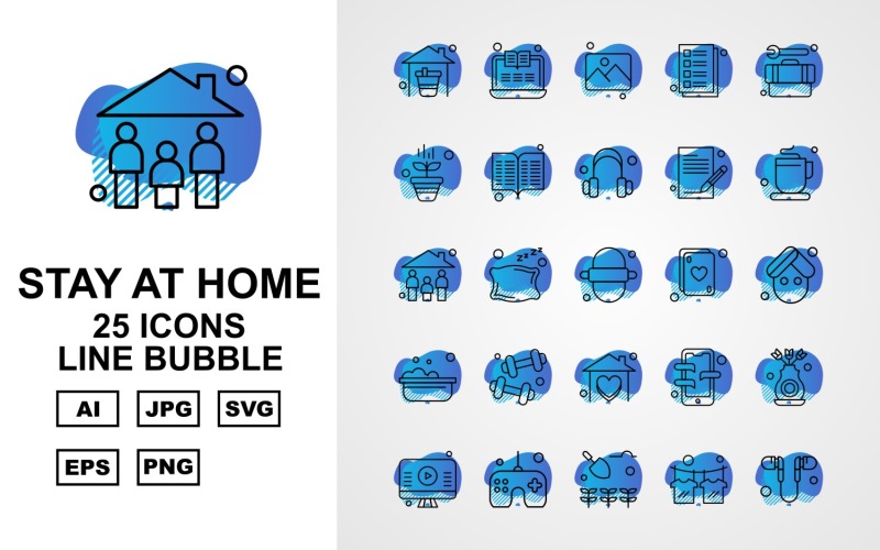 Download Набор иконок "25 Premium Stay At Home Line Bubble Pack Icon Set" / 25 Premium Stay At Home Line Bubble Pack Icon Set - Набор иконок на тему medical home,pillow,mobile,flower,lcd,joystick,agriculture,t shirt,handsfree,laptop,gallery,note,tool box,plant,book,headphone,tea,family,roti,card