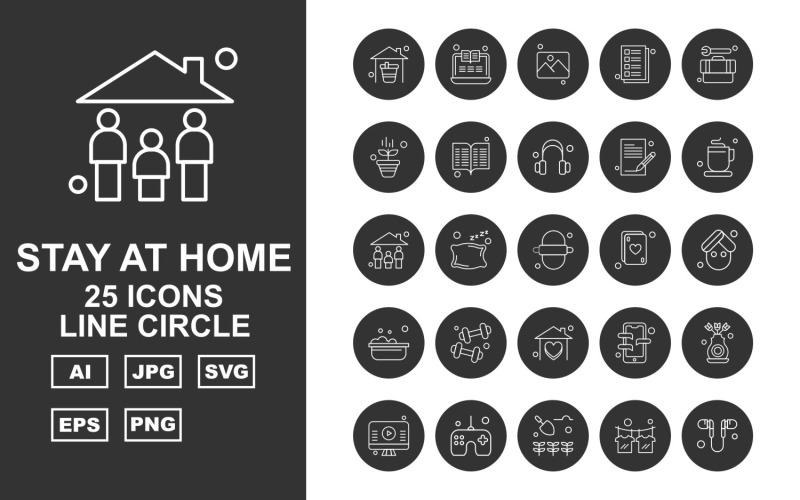 25 Premium Stay At Home Line Circle Pack Icon Set