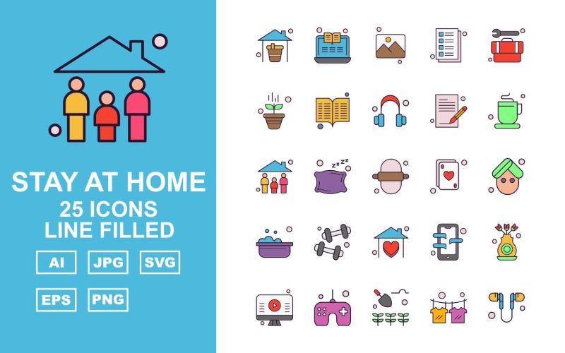 Download Набор иконок "25 Premium Stay At Home Line Filled Pack Icon Set" / 25 Premium Stay At Home Line Filled Pack Icon Set - Набор иконок на тему medical home,pillow,mobile,flower,lcd,joystick,agriculture,t shirt,handsfree,laptop,gallery,note,tool box,plant,book,headphone,tea,family,roti,card