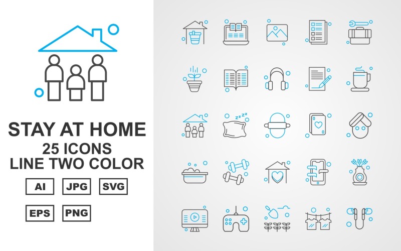 Download Набор иконок "25 Premium Stay At Home Line Two Color Pack Icon Set" / 25 Premium Stay At Home Line Two Color Pack Icon Set - Набор иконок на тему medical home,pillow,mobile,flower,lcd,joystick,agriculture,t shirt,handsfree,laptop,gallery,note,tool box,plant,book,headphone,tea,family,roti,card