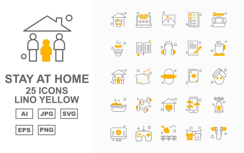 Download Набор иконок "25 Premium Stay At Home Lino Yellow Pack Icon Set" / 25 Premium Stay At Home Lino Yellow Pack Icon Set - Набор иконок на тему medical home,pillow,mobile,flower,lcd,joystick,agriculture,t shirt,handsfree,laptop,gallery,note,tool box,plant,book,headphone,tea,family,roti,card