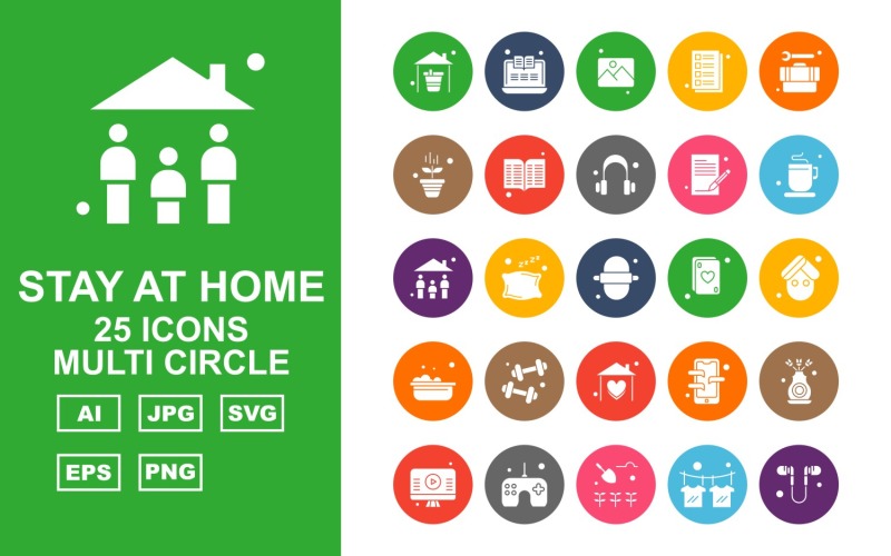 Download Набор иконок "25 Premium Stay At Home Multi Circle Pack Icon Set" / 25 Premium Stay At Home Multi Circle Pack Icon Set - Набор иконок на тему medical home,pillow,mobile,flower,lcd,joystick,agriculture,t shirt,handsfree,laptop,gallery,note,tool box,plant,book,headphone,tea,family,roti,card