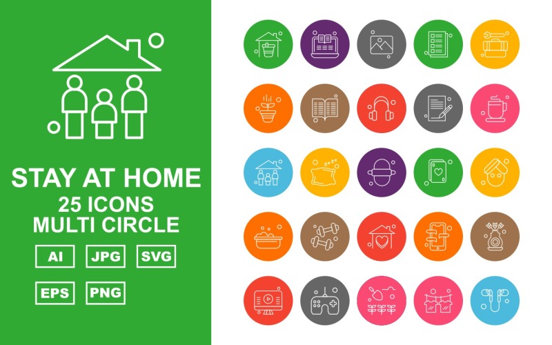Download Набор иконок "25 Premium Stay At Home Multi Circle Pack Icon Set" / 25 Premium Stay At Home Multi Circle Pack Icon Set - Набор иконок на тему medical home,pillow,mobile,flower,lcd,joystick,agriculture,t shirt,handsfree,laptop,gallery,note,tool box,plant,book,headphone,tea,family,roti,card